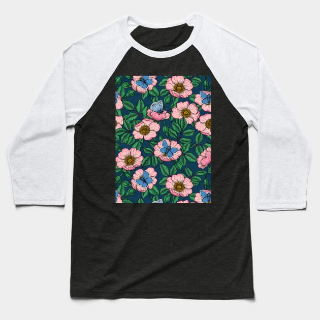 Dog rose and butterflies Baseball T-Shirt by katerinamk